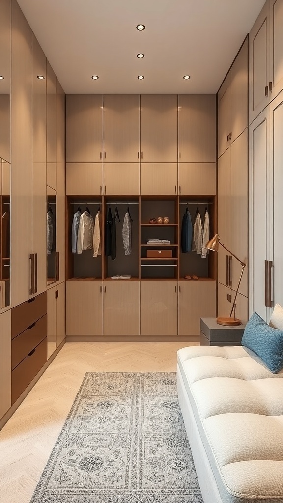 A stylish small dressing room with floor-to-ceiling wardrobe solutions, featuring sleek wood panels, recessed lighting, and a cozy seating area.