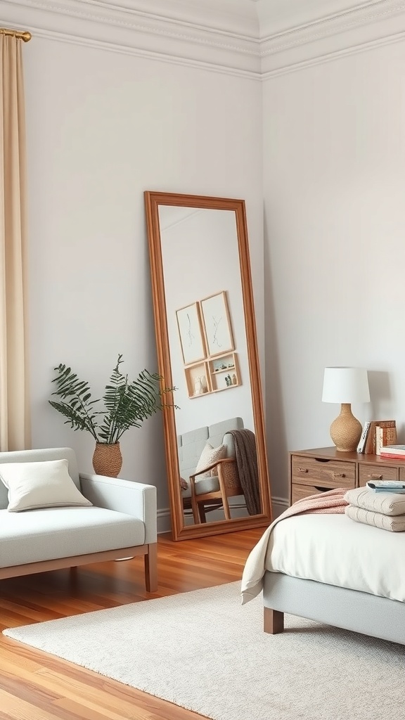 A cozy living room featuring a floor mirror, a light-colored sofa, and wooden furniture.