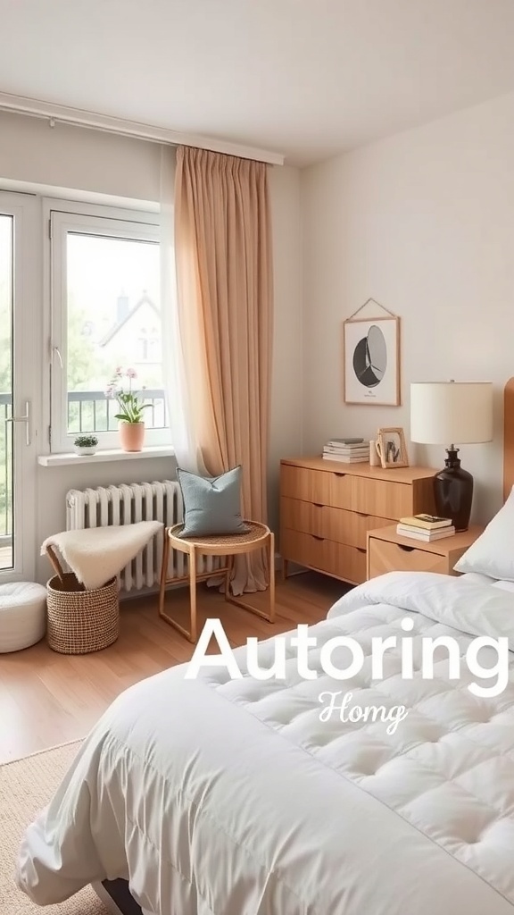 A cozy tiny bedroom featuring foldable furniture and a minimalist design.