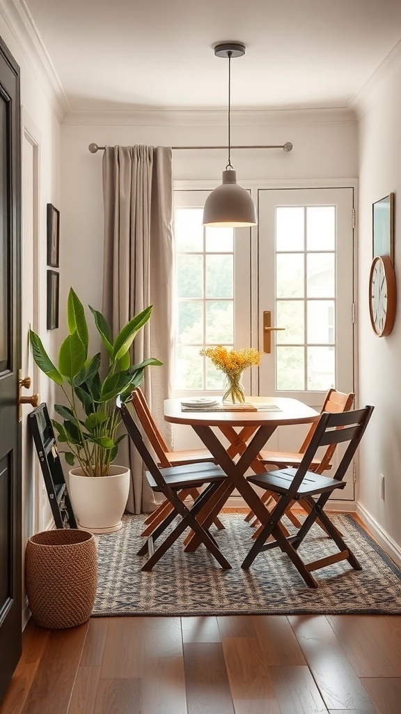 A small dining area featuring a round table with foldable wooden chairs, a plant, and a decorative light fixture.