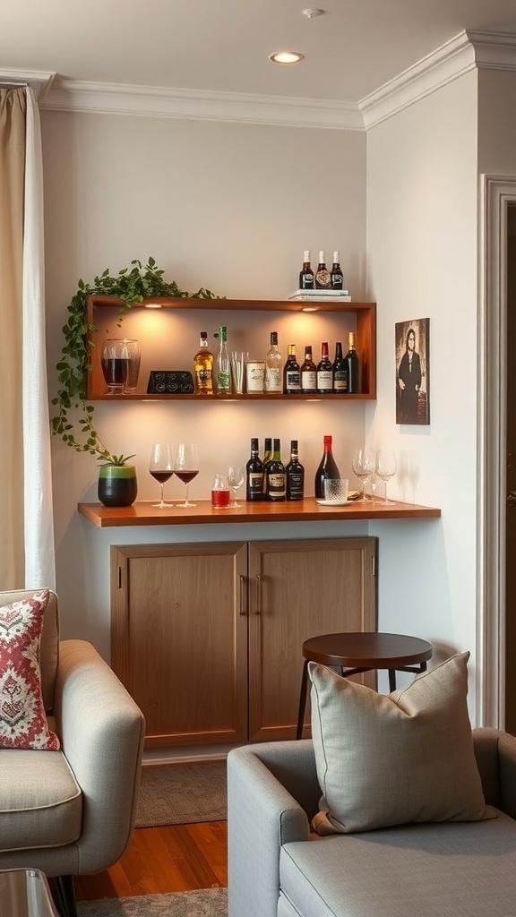 Foldable bar top with shelves displaying various liquor bottles and glasses.