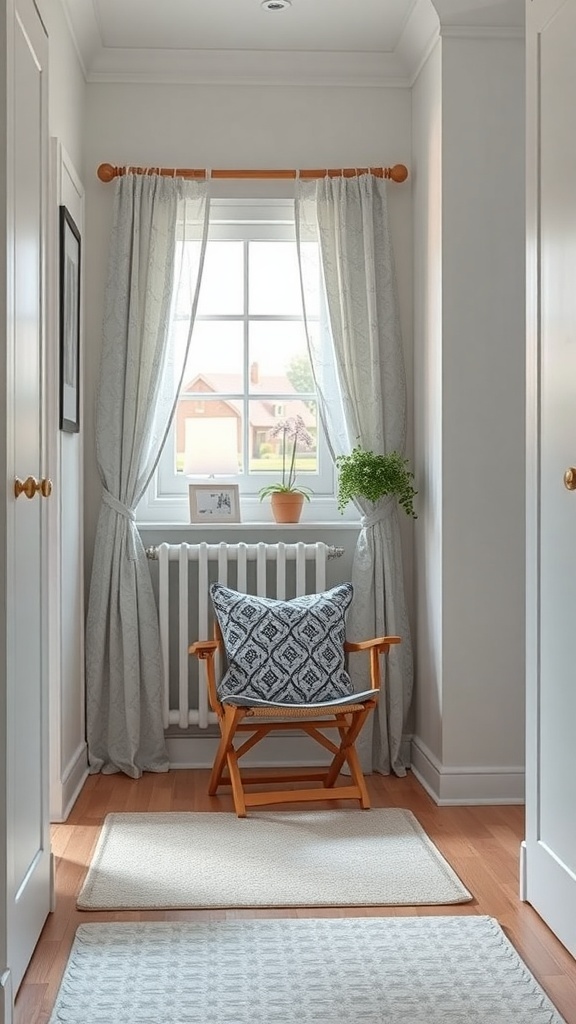 A cozy foldable chair with a decorative cushion in a bright corner near a window.