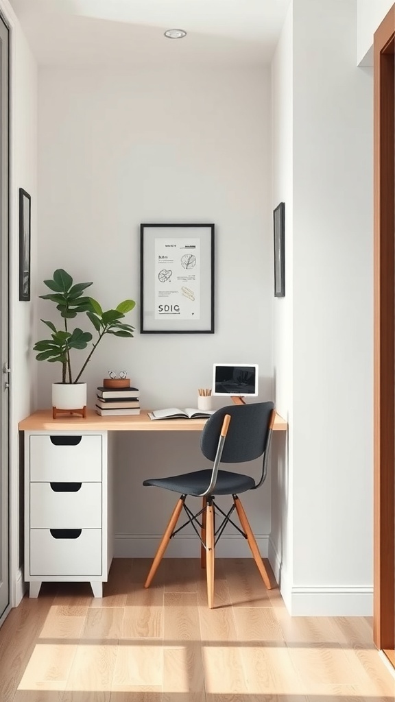 A compact foldable desk setup in a small space with a chair, plant, and organized books.