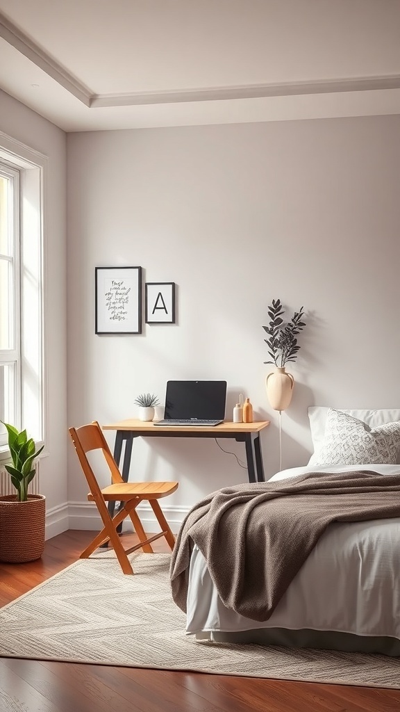 A minimalistic bedroom with a foldable desk and chair, featuring modern decor and natural light.