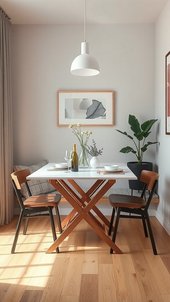 A stylish foldable dining table set with two chairs, a vase of flowers, and a minimalist decor in a cozy dining area.