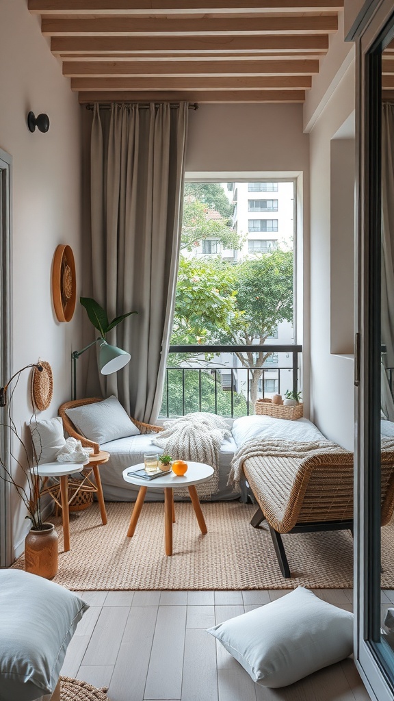 A small balcony with foldable furniture, featuring a cozy seating area and a small table.
