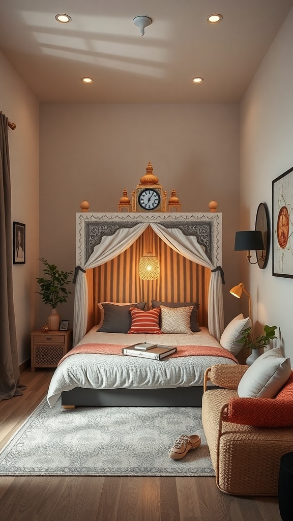 A cozy bedroom featuring a foldable mandir with decorative elements and a clock.