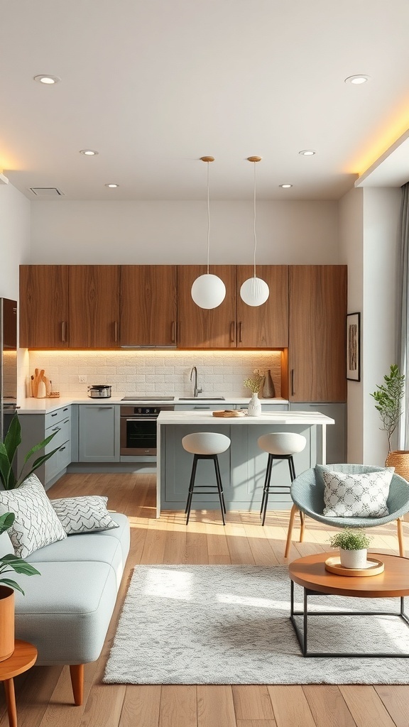 A modern living space featuring an open kitchen design with foldable room partitions, warm earthy tones, and cozy furniture.