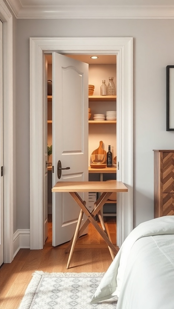 A foldable table set up outside a pantry door, showcasing extra prep space.