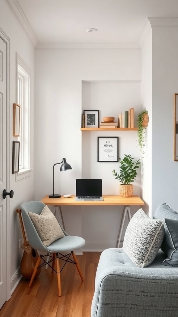 A cozy corner featuring a foldable wall-mounted desk with a laptop and decorative items, showcasing efficient use of space in a tiny home.