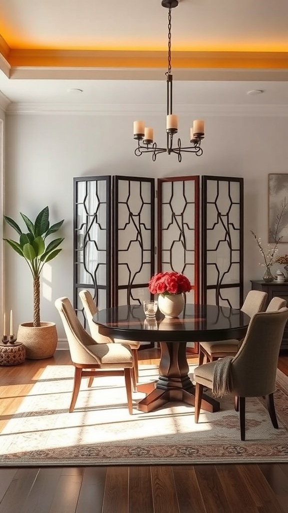 A modern dining area featuring a folding screen as a partition, a round table, and stylish chairs, illuminated by natural light.