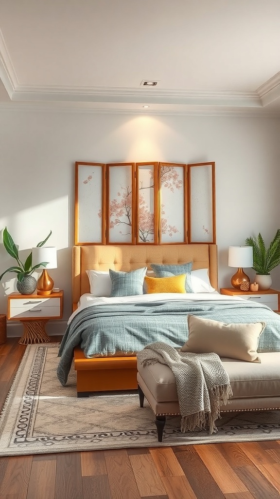 A cozy bedroom featuring a folding screen as a headboard, with a warm color palette and stylish decor.