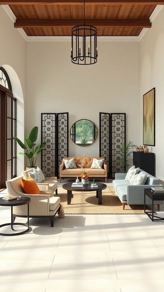 A stylish living area featuring folding screens, comfortable seating, and decorative plants.