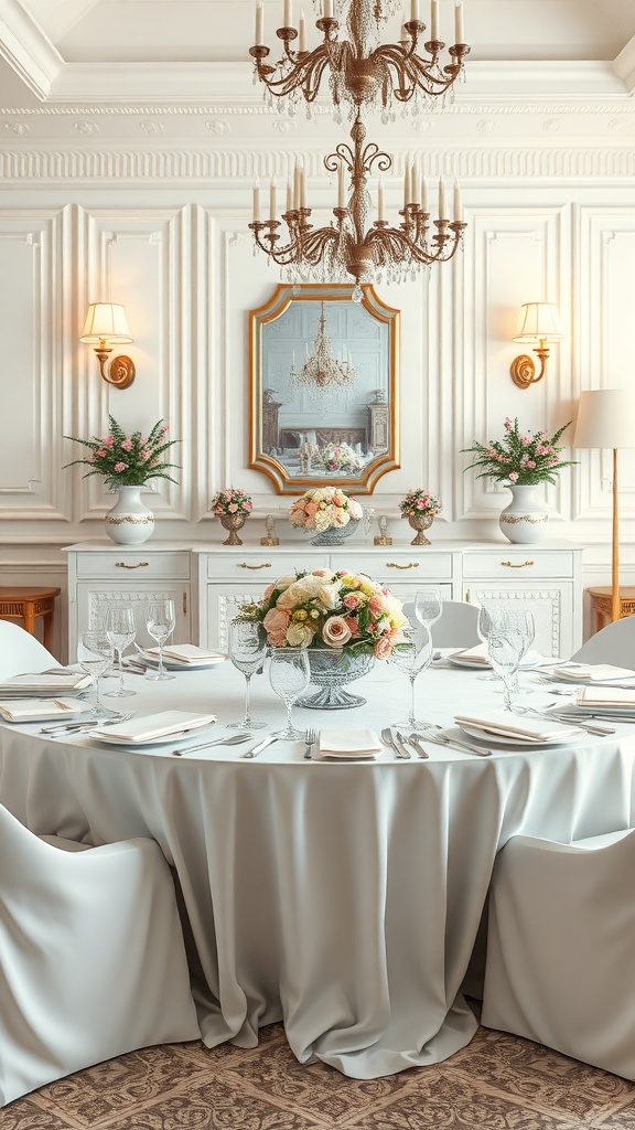 A formal dinner table set with a light gray tablecloth, elegant glassware, and a floral centerpiece.