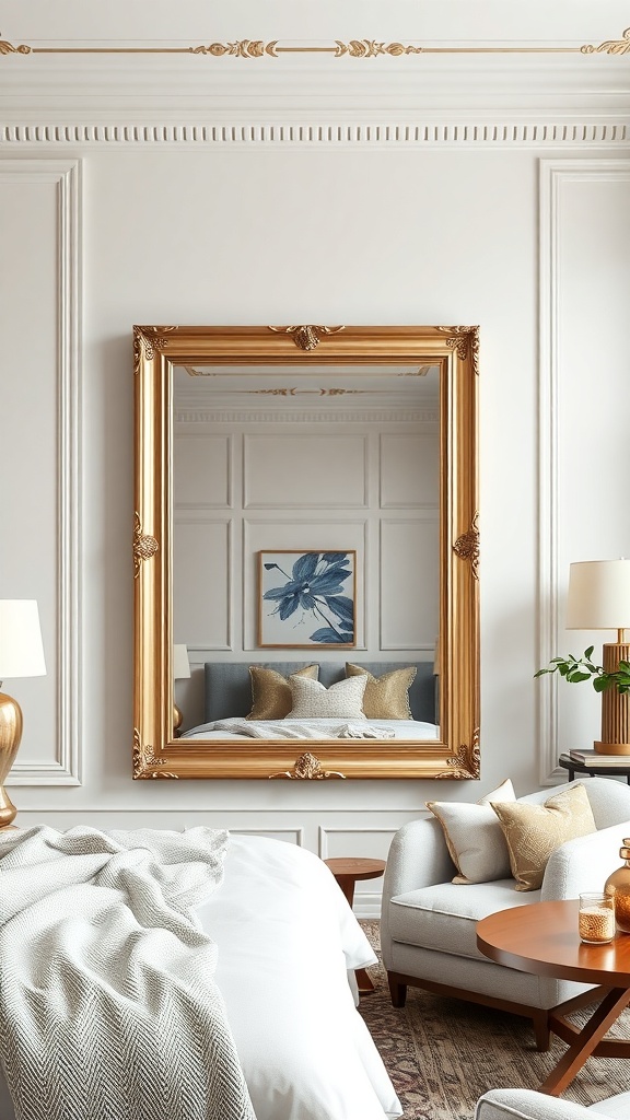 A large ornate gold-framed mirror in a stylish living room with a cozy sofa and decorative pillows.