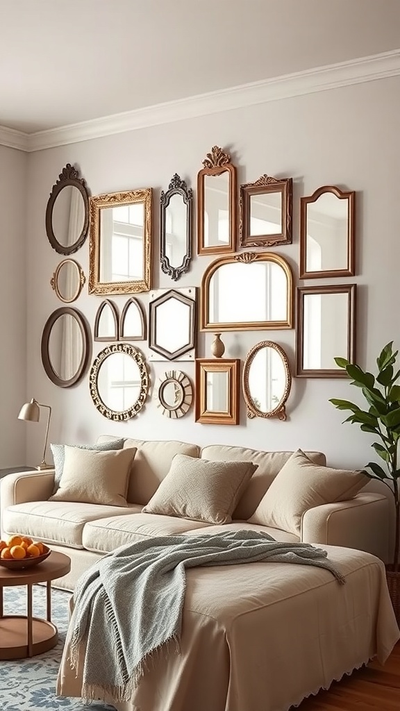 A living room wall adorned with various framed mirrors in different shapes and sizes, showcasing a cozy sofa and decorative elements.
