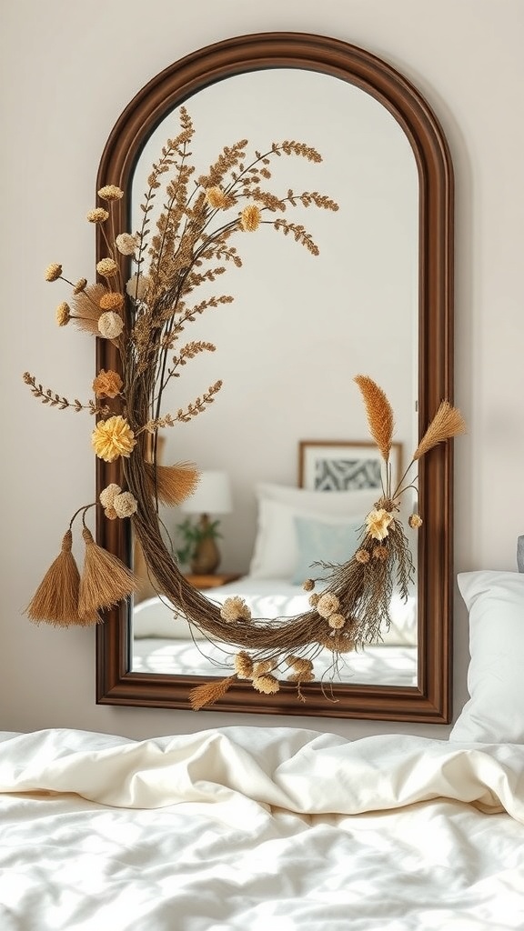 A mirror framed with dried flowers and grasses, showcasing a cozy bedroom setting.