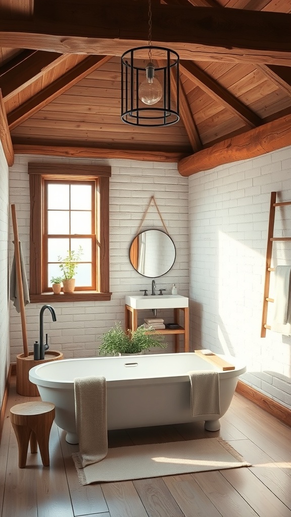 A rustic bathroom featuring a freestanding bathtub, wooden ceiling, and natural decor.