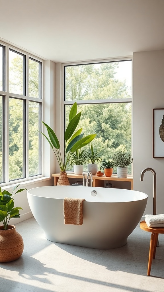 A modern freestanding soaking tub surrounded by plants and natural light.