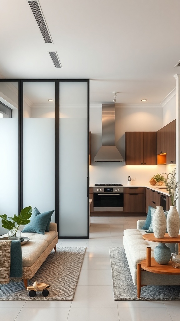 A modern kitchen area separated by frosted glass screens, showcasing a sleek design.