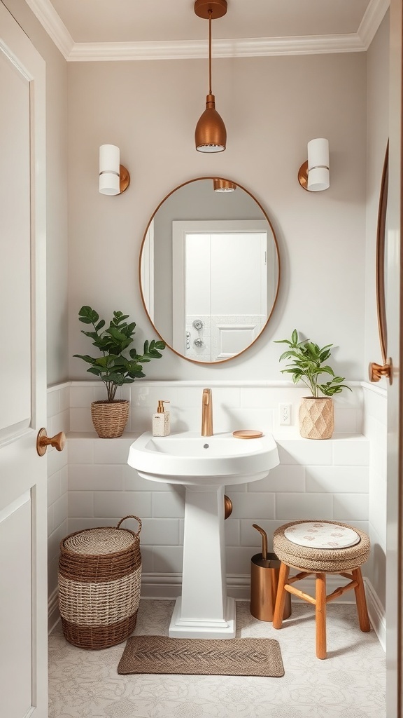 A stylish tiny powder room featuring a white pedestal sink, warm-toned fixtures, woven baskets, plants, and a round mirror.