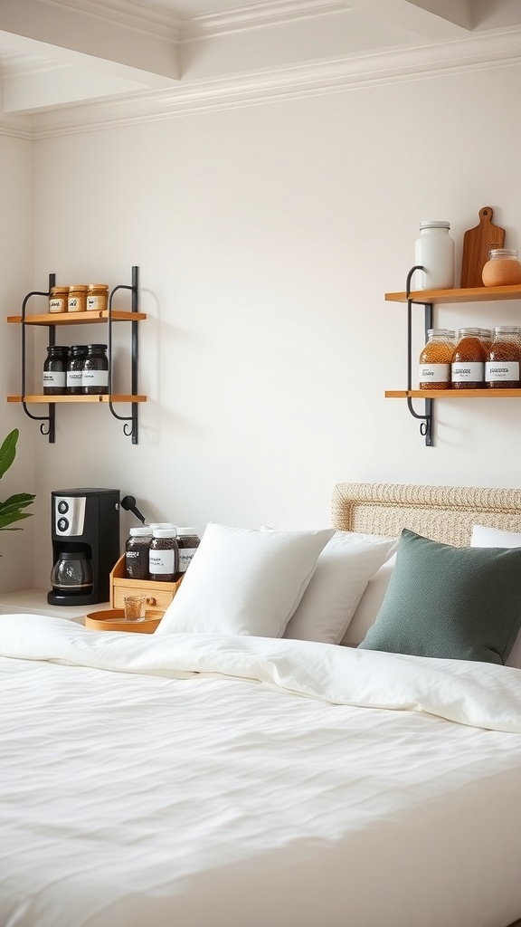 A stylish coffee supply organizer with shelves holding jars and a coffee maker on a countertop.