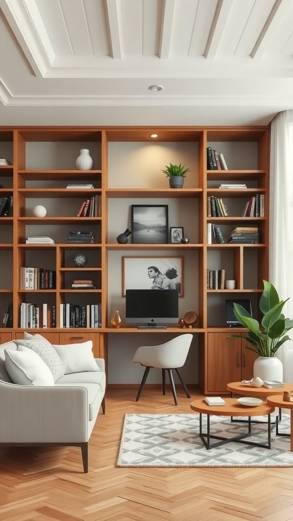 A stylish living room featuring a wooden bookshelf partition with a cozy seating area, a workspace, and decorative items.