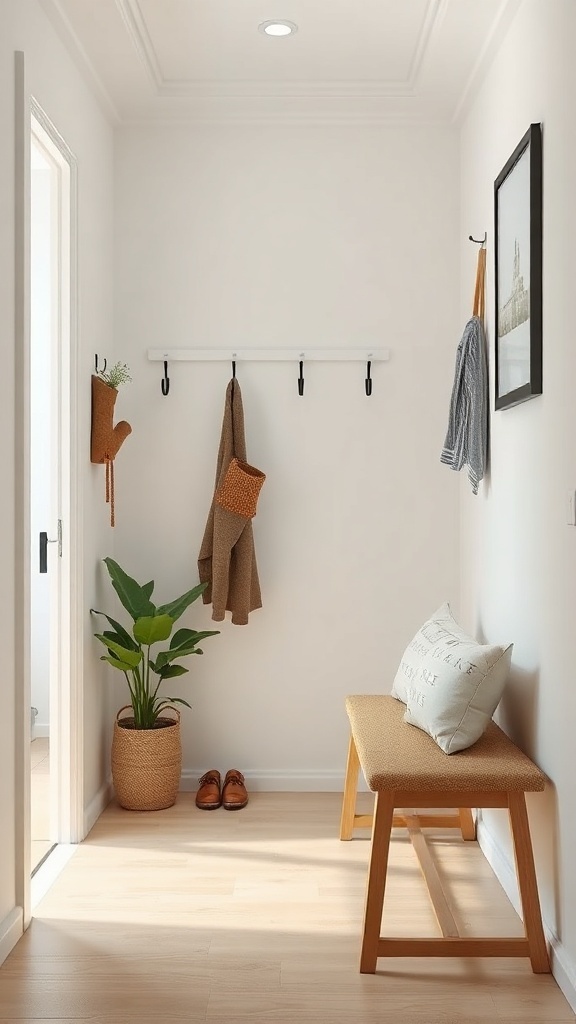 A functional entryway in a tiny apartment featuring a bench, hooks, and a potted plant.