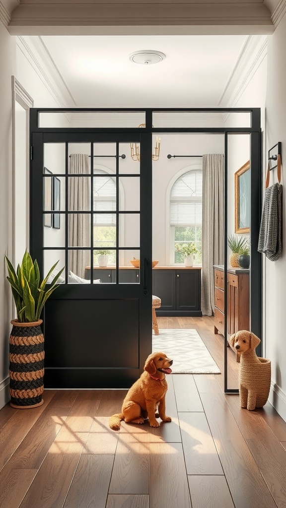 A stylish entryway partition with two dogs and plants, providing a functional space for pets