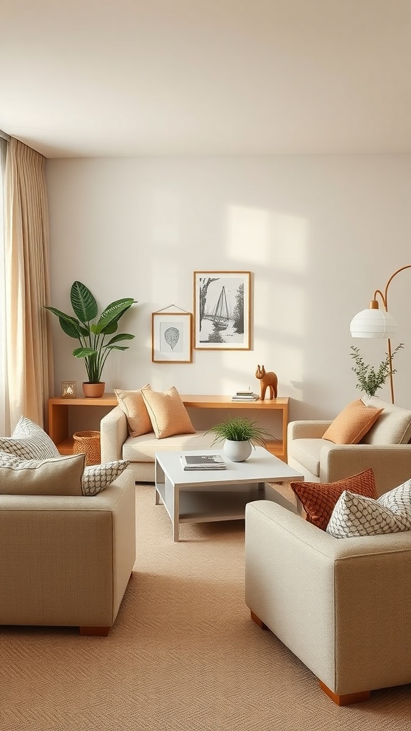 A beige living room with light sofas, a coffee table, and plants, showcasing a functional furniture arrangement.