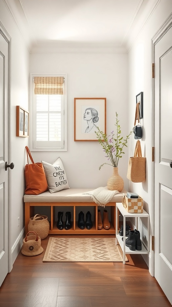 A small foyer with a bench, storage for shoes, and decorative elements.