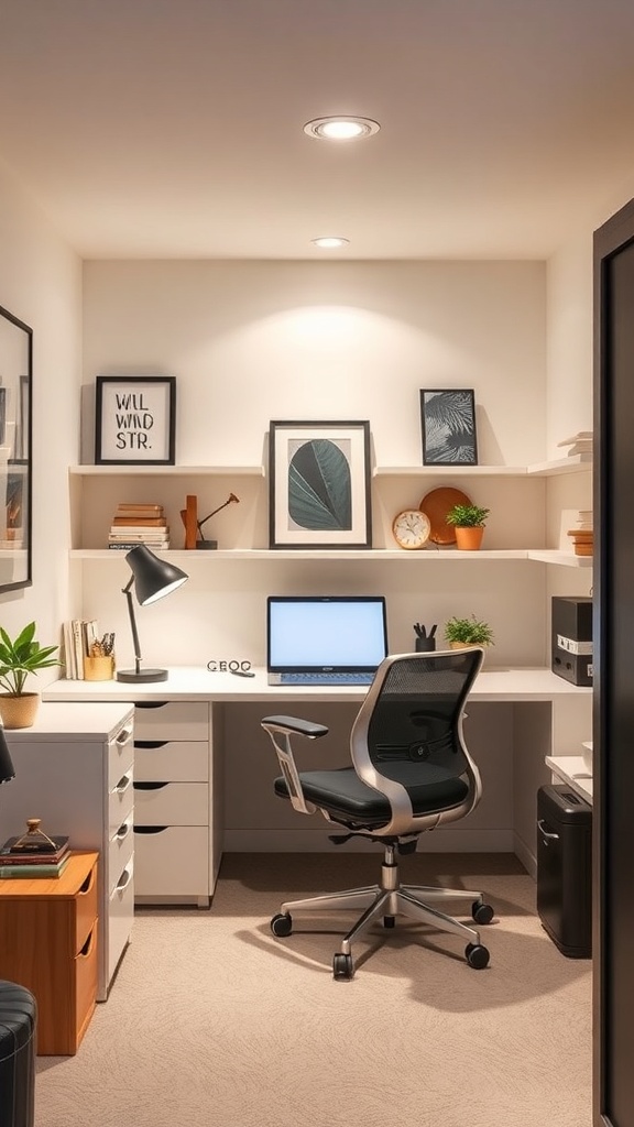 A cozy basement home office with a desk, chair, and decorative shelves.