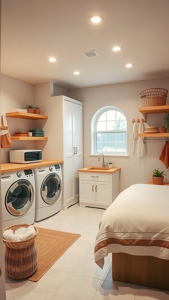 Bright and organized laundry room in a basement with modern appliances and decorative touches.