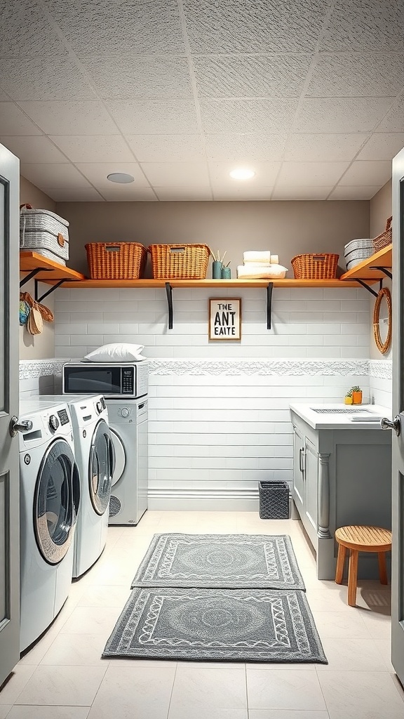 A functional basement laundry room with washer, dryer, shelves, and a folding area.