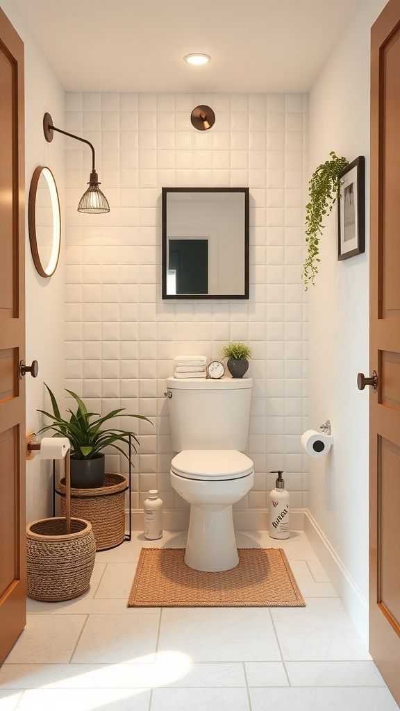 A small, stylish toilet room with modern decor and plants.