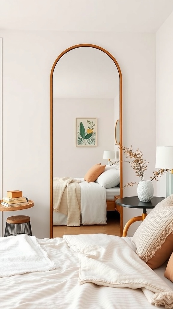 A tall arched mirror with a wooden frame in a cozy room, reflecting light and adding warmth.