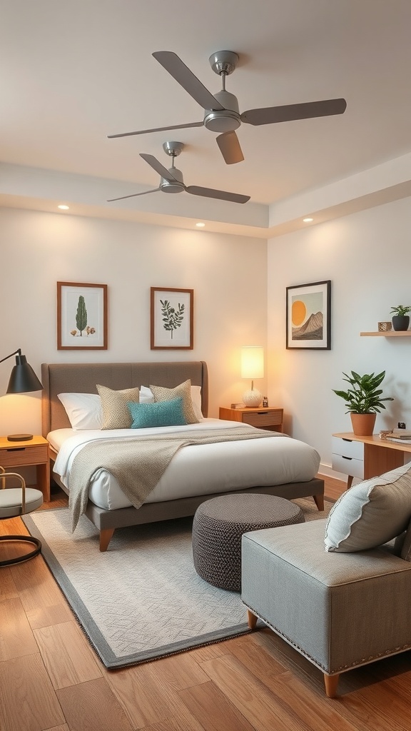 A cozy bedroom with a bed, seating area, and decorative elements, showcasing a functional multi-purpose space.