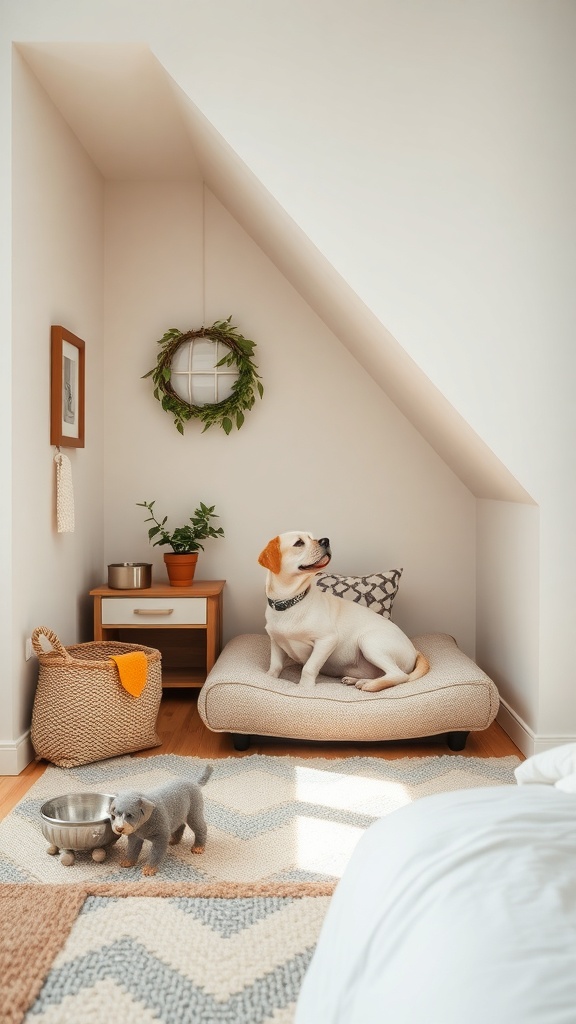 A cozy pet space under the stairs featuring a dog bed, a small plant, and a playful toy.
