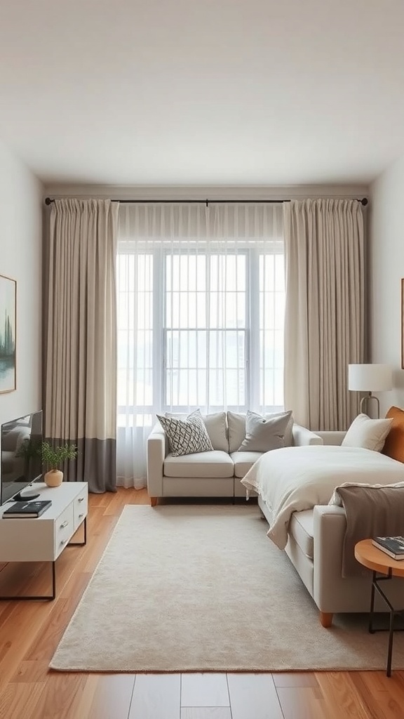 A cozy living room featuring a combination of sheer and blackout curtains on a double curtain rod.