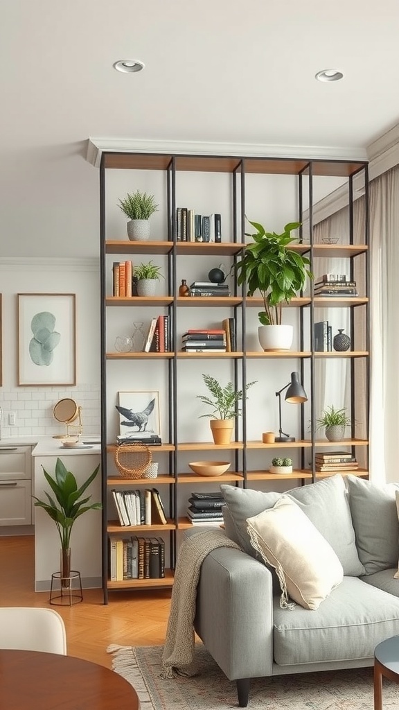 Modern shelving unit dividing the living area and kitchen with plants and books.
