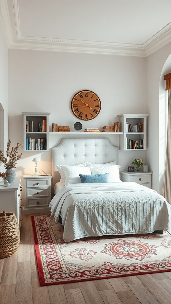 A cozy prayer room with a bed, bookshelves, and a woven basket.