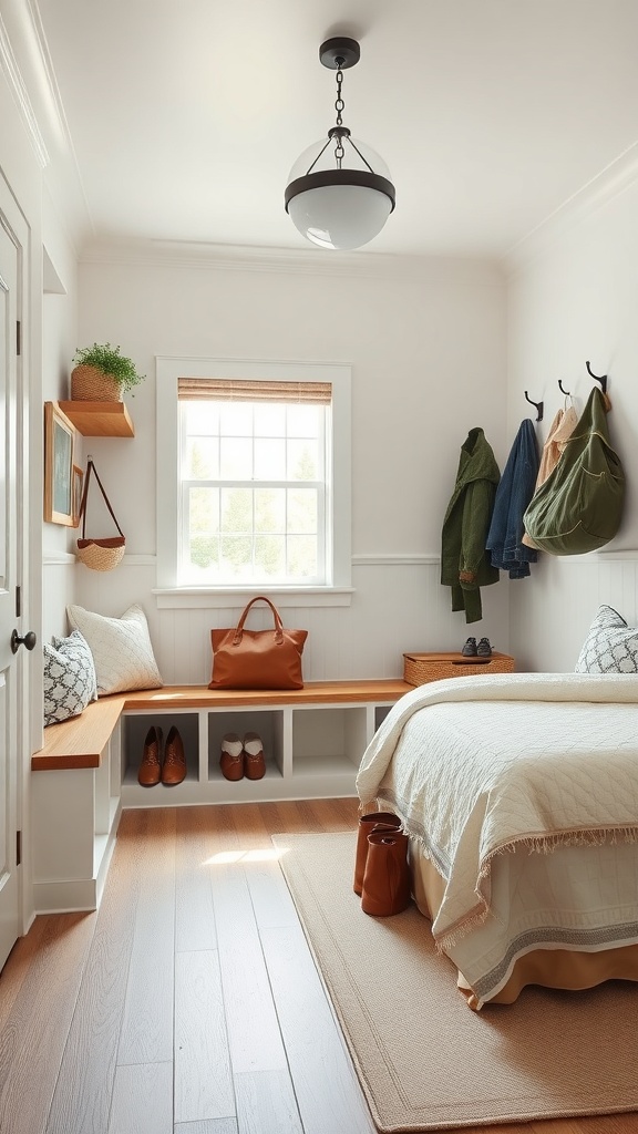 A bright mudroom featuring a bench with storage, wall hooks for coats, and natural light.