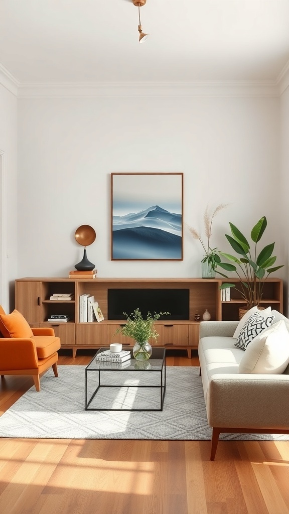 stylish living room with functional wall art and cozy furniture
