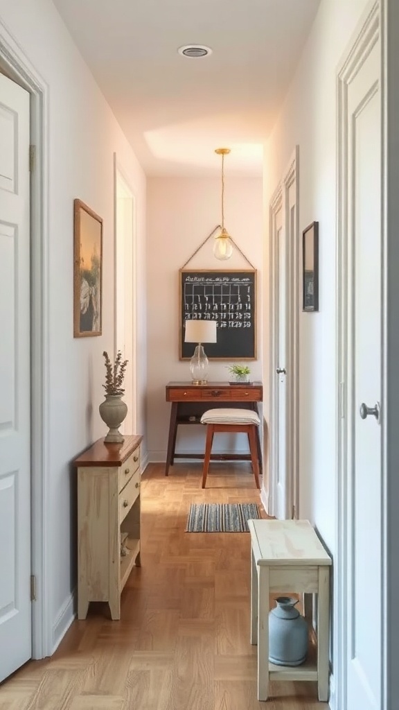 A well-decorated tiny hallway showcasing functional wall art with a calendar, decorative items, and thoughtful lighting.