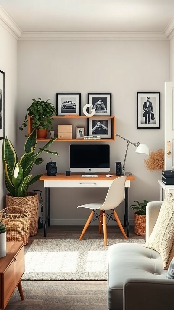 A cozy workspace in a small room with a desk, computer, plants, and framed photographs.
