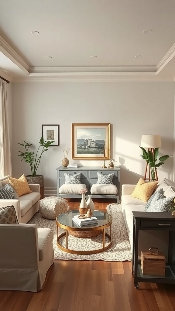 A stylish living room with two sofas, a round coffee table, and plants, showcasing a natural division in the space.