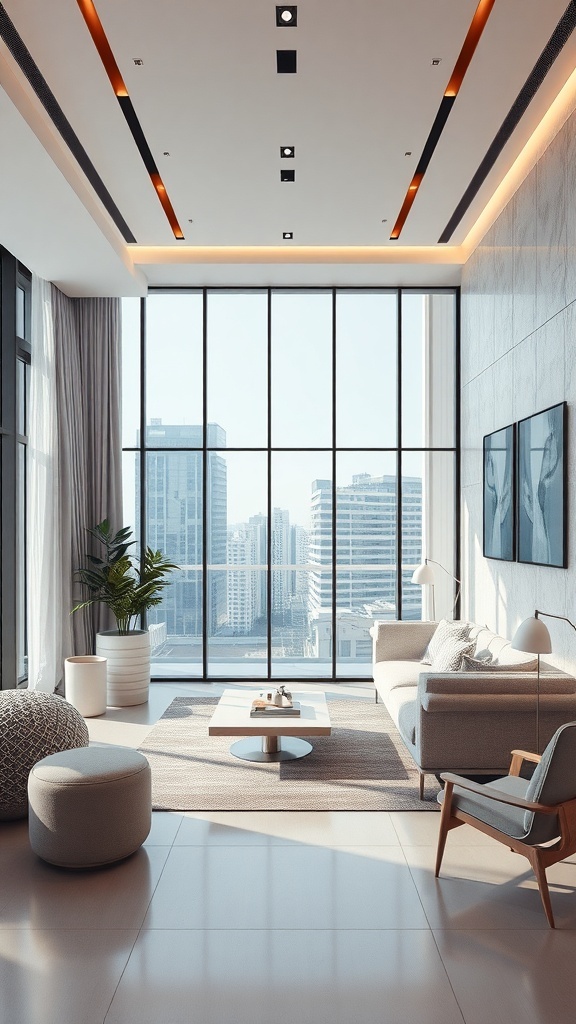 A modern living room with floor-to-ceiling windows showcasing a city view.