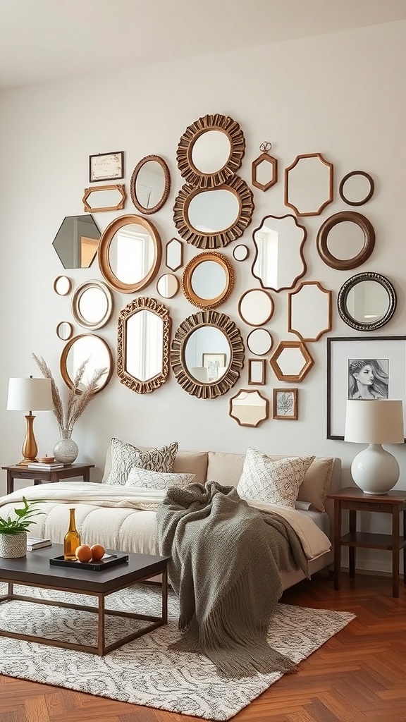 Gallery wall of mirrors in a cozy living room setting