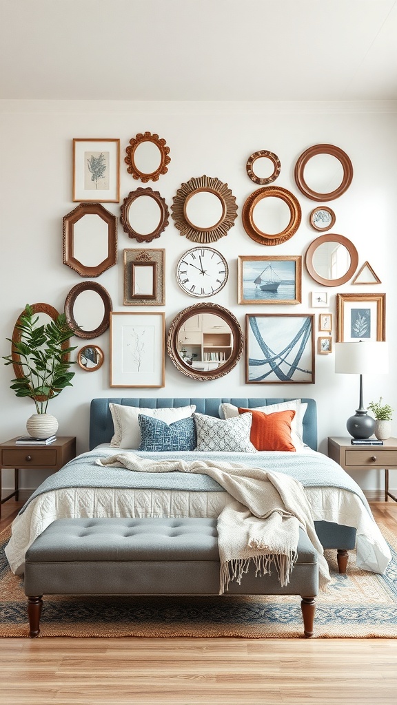 Gallery wall with various mirrors and artwork in a living room setting