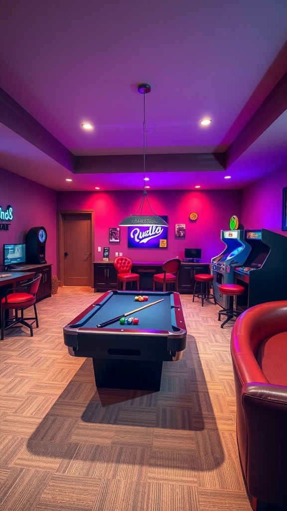 A vibrant game room in an unfinished basement featuring a pool table, arcade machines, and colorful lighting.